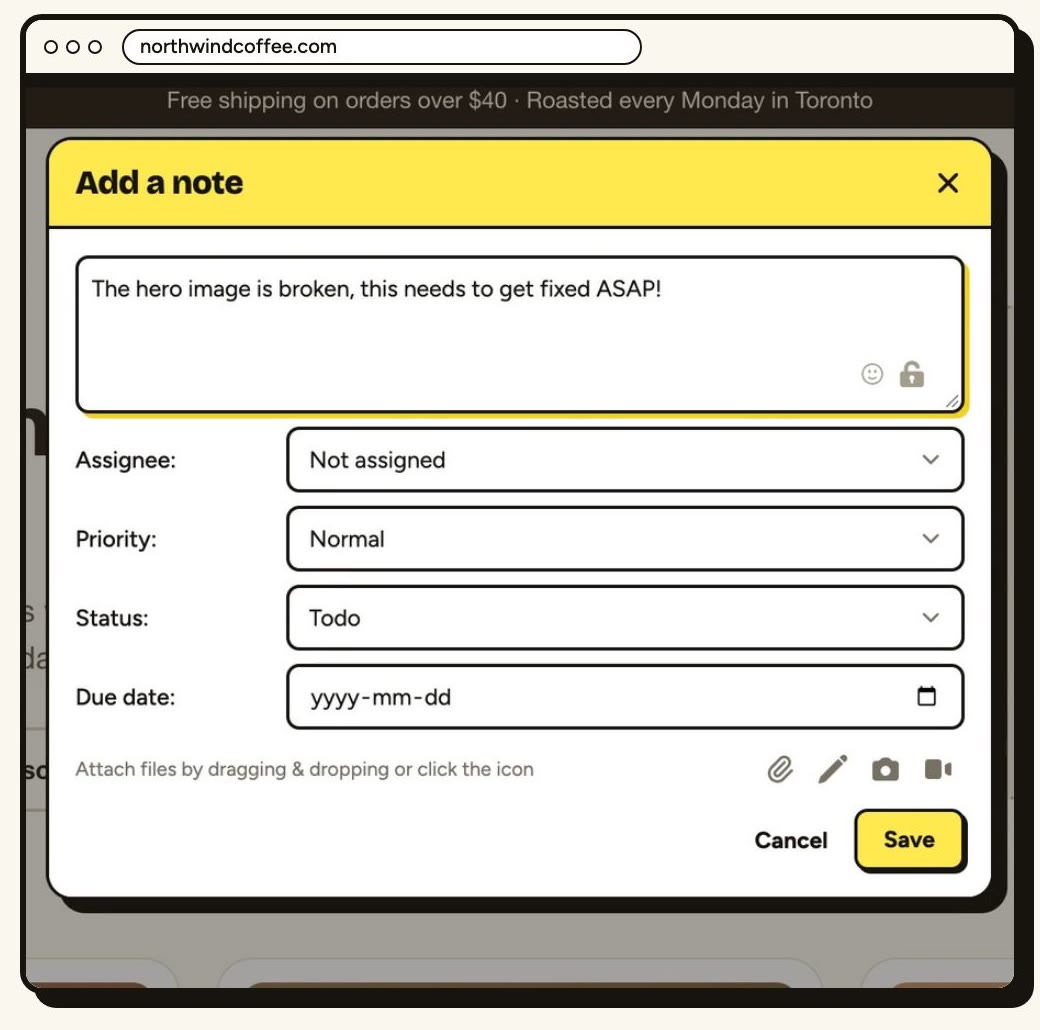 The PageProofer Add a note form, with a note about a broken image on the page