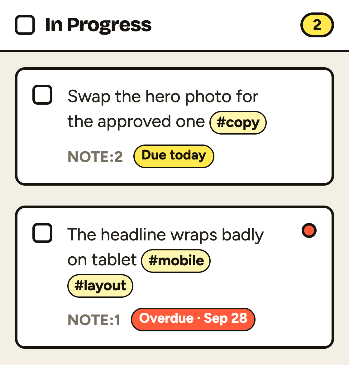 Dashboard notes with tags and due dates