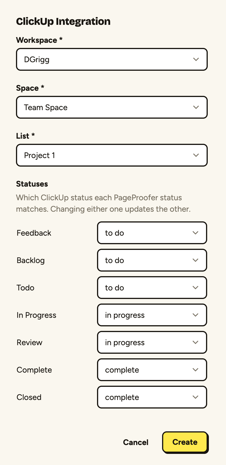 The ClickUp integration settings