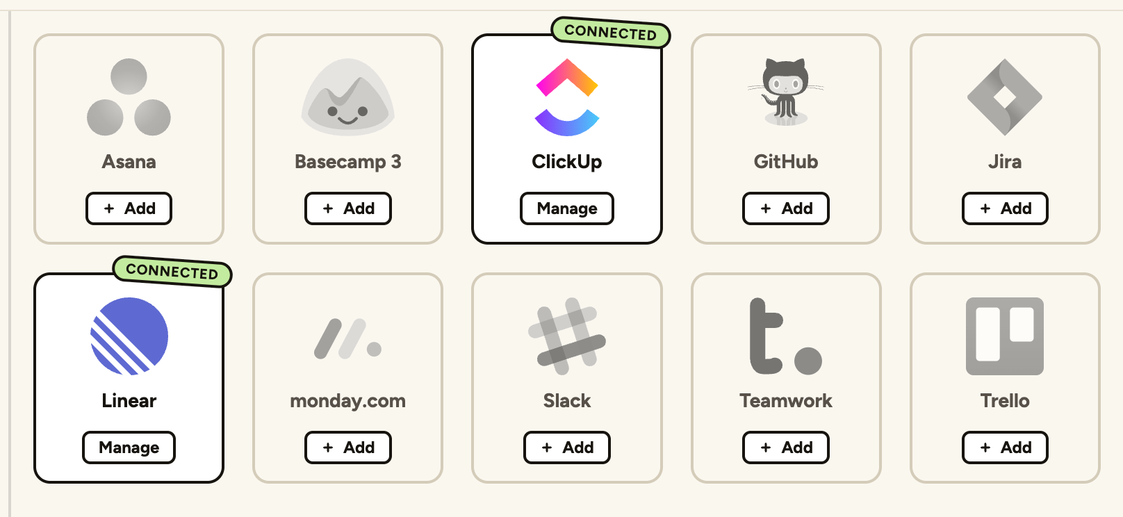 ClickUp connected in the site's Integrations tab