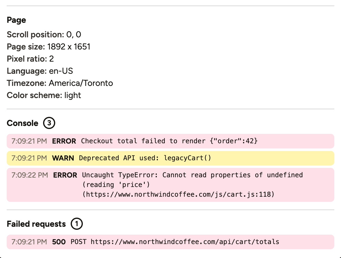 Console errors and failed requests on a note