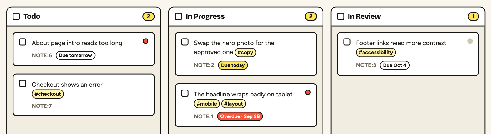 Tags and due dates on the dashboard