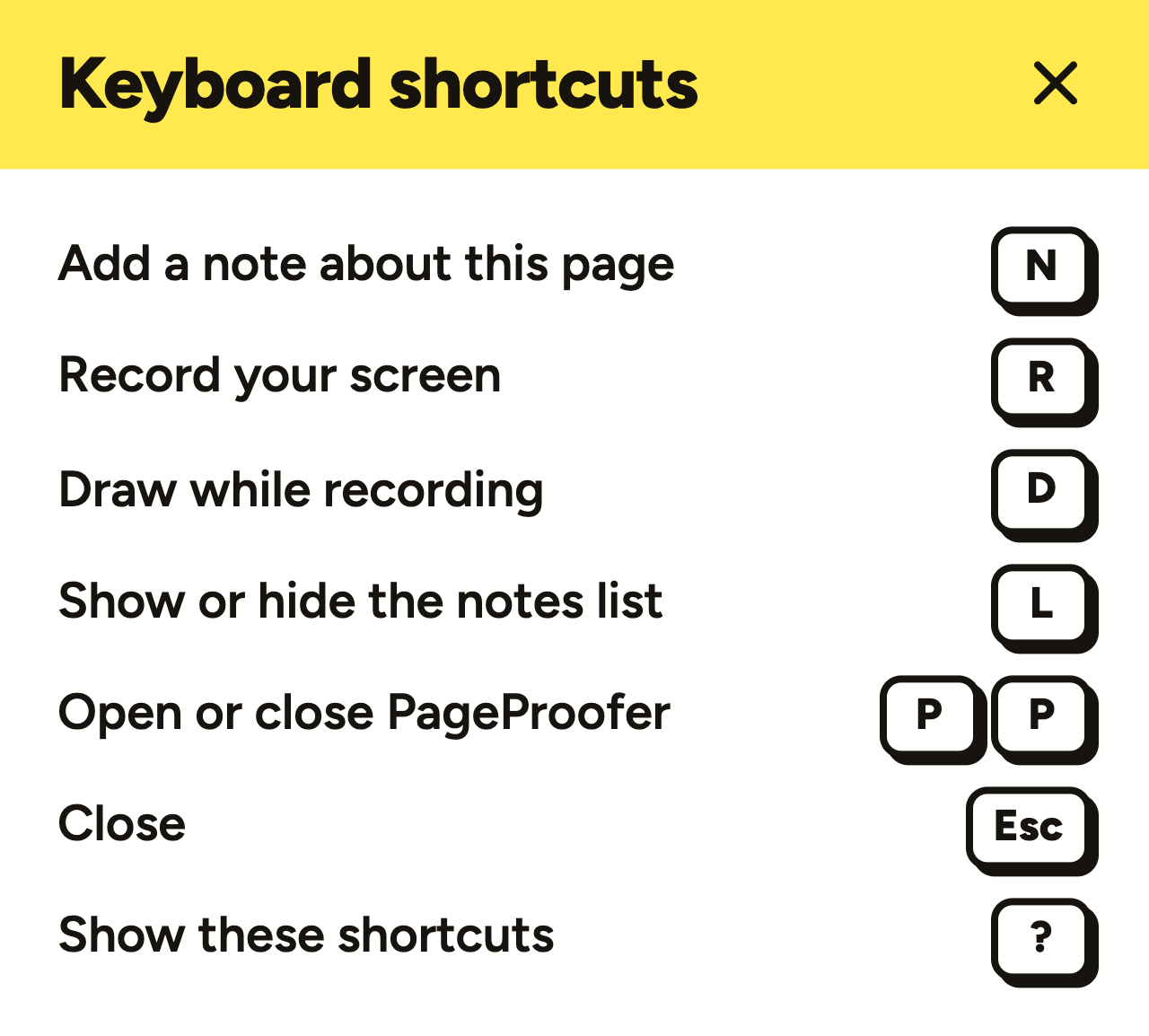 The keyboard shortcuts panel