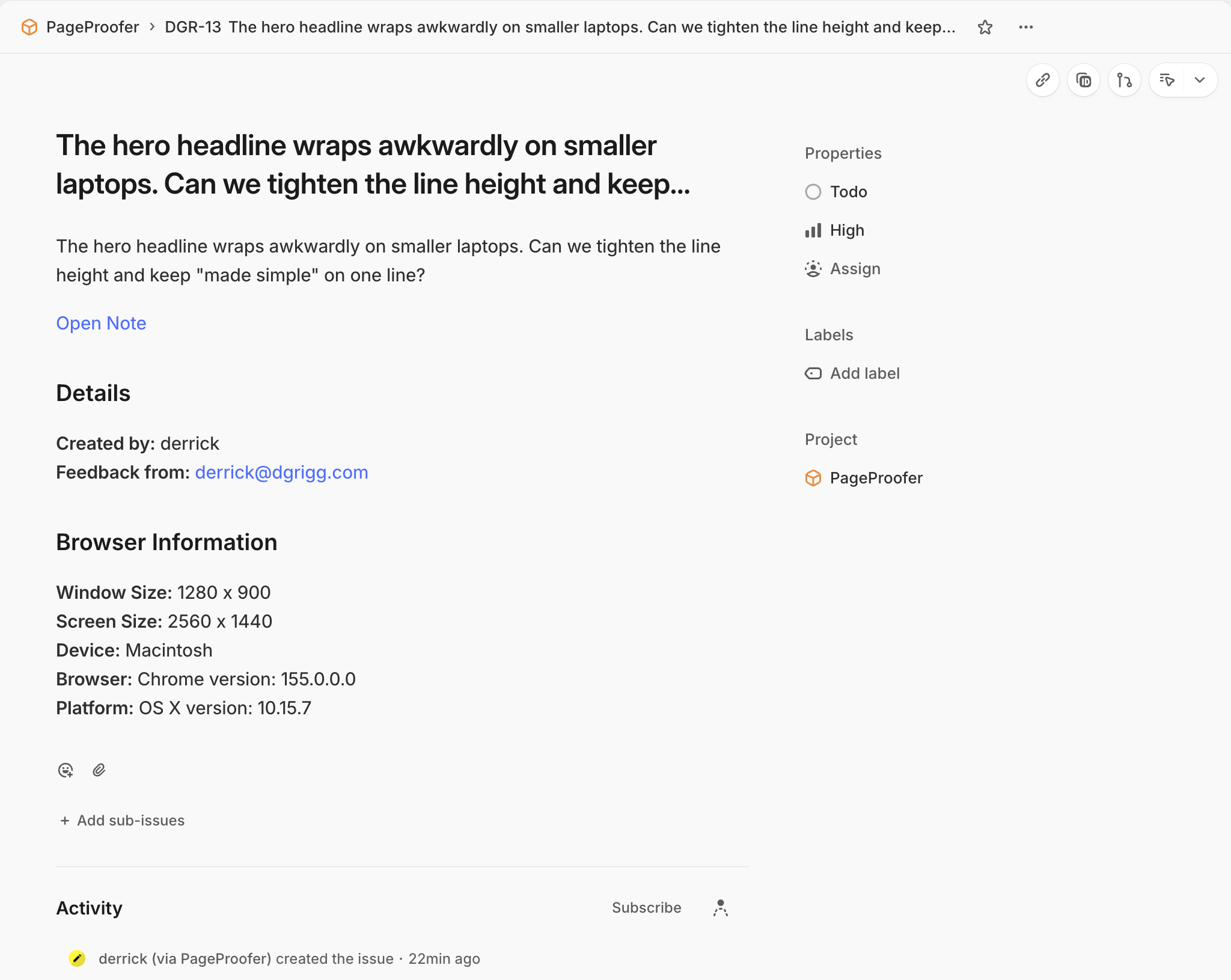 A PageProofer note as a Linear issue