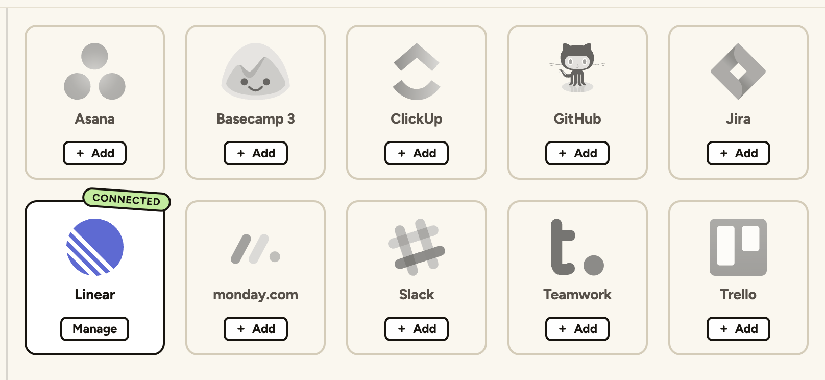 Linear connected in the site's Integrations tab
