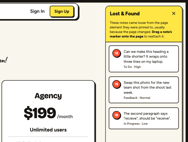 The Lost & Found panel open on the right of the page, listing three notes with their numbered markers