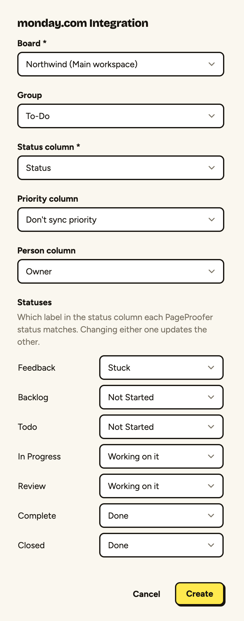 The monday.com integration settings