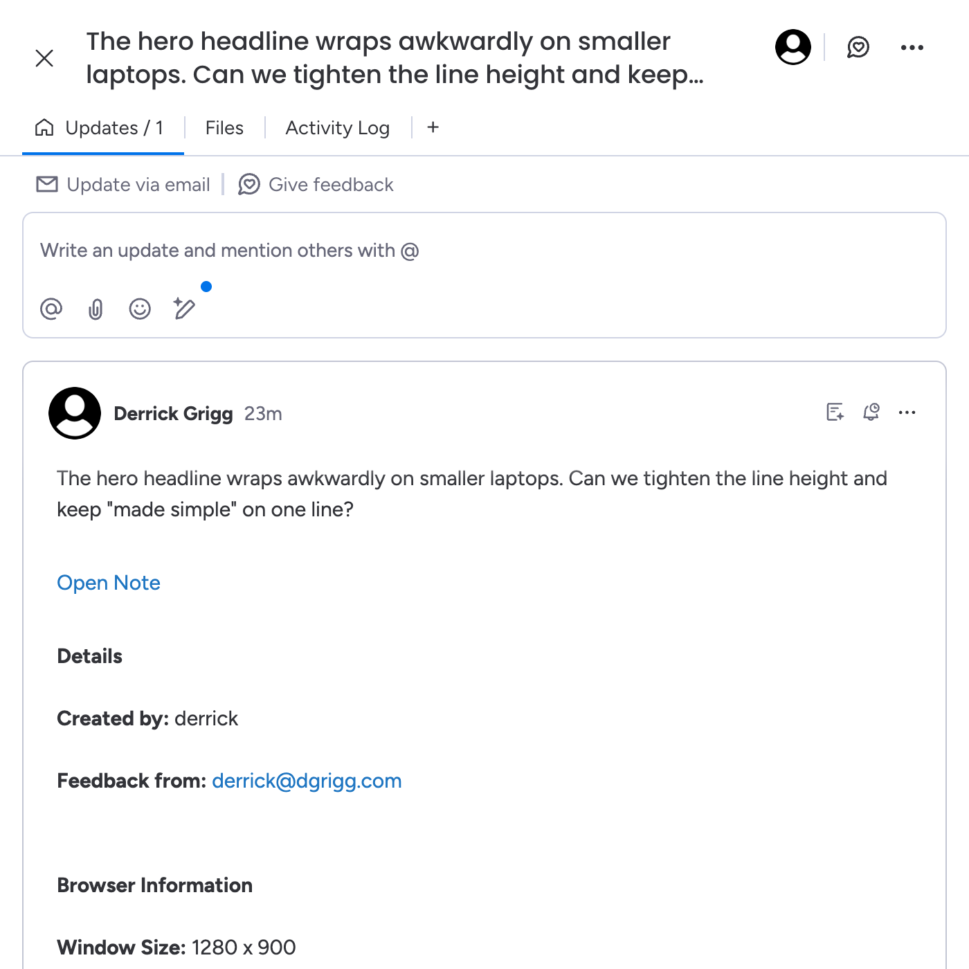 The note's details posted as the item's first update