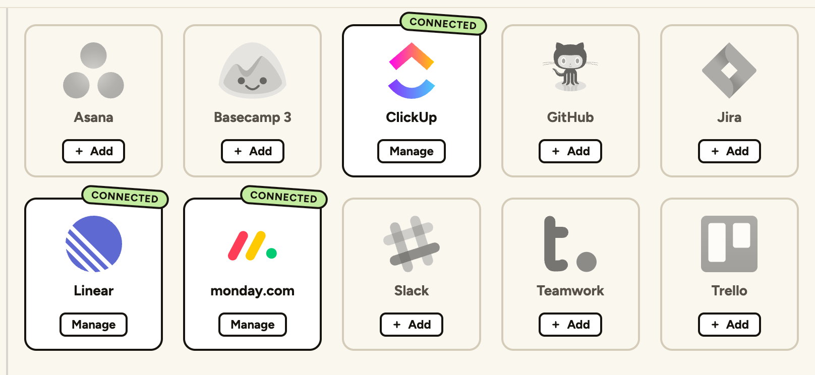 monday.com connected in the site's Integrations tab