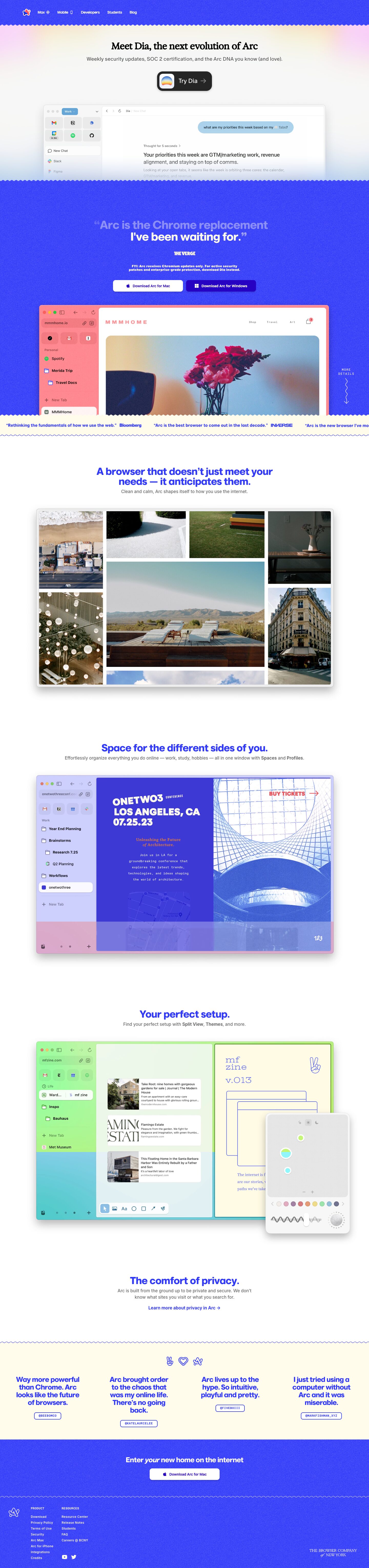 The full Arc homepage