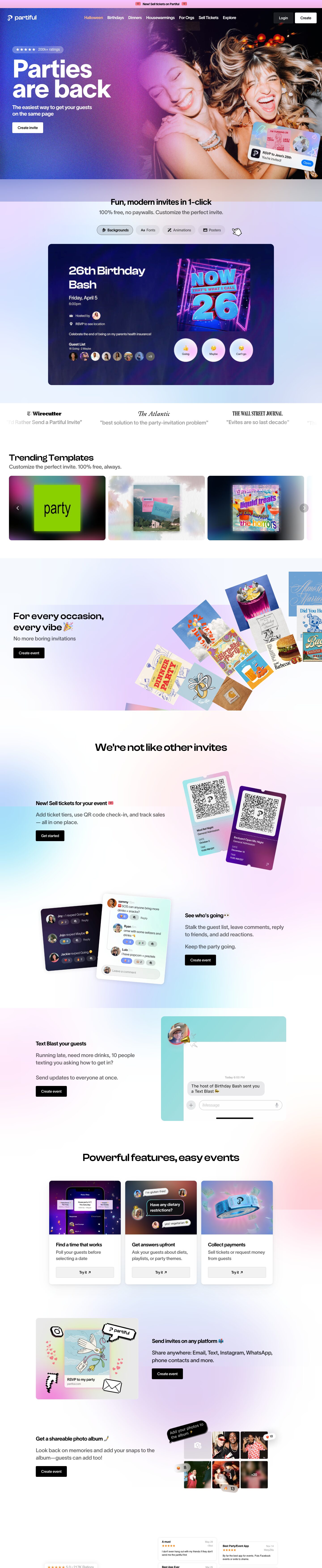 The full Partiful homepage