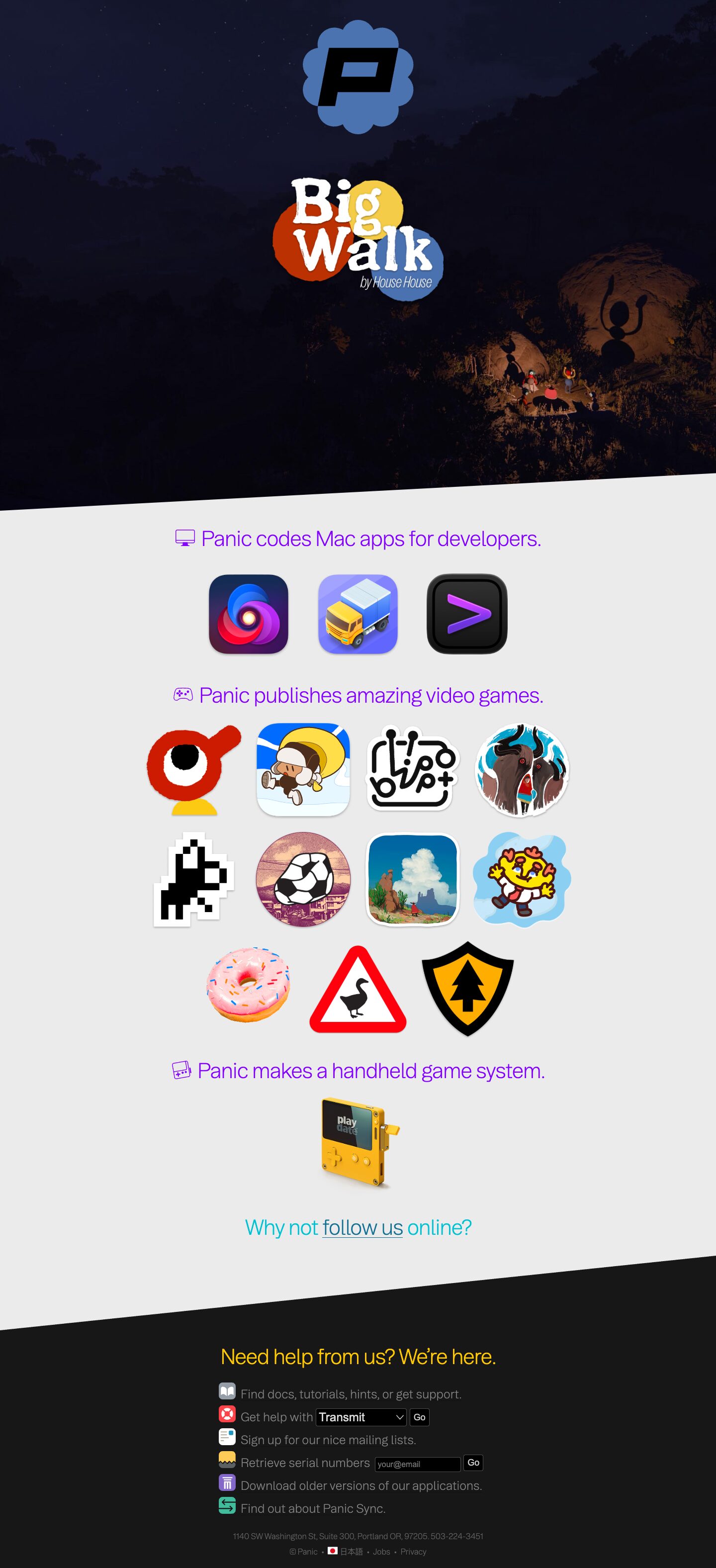 The full Panic homepage