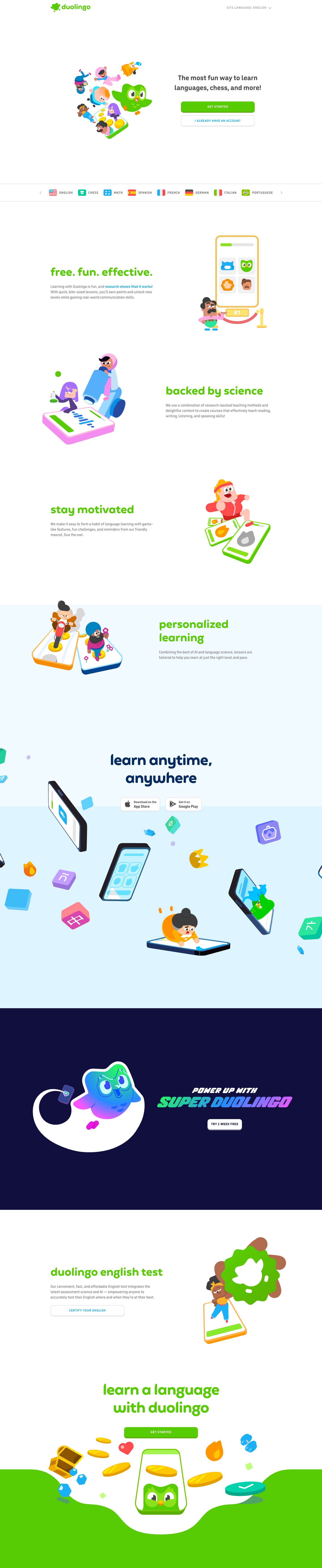 The full Duolingo homepage