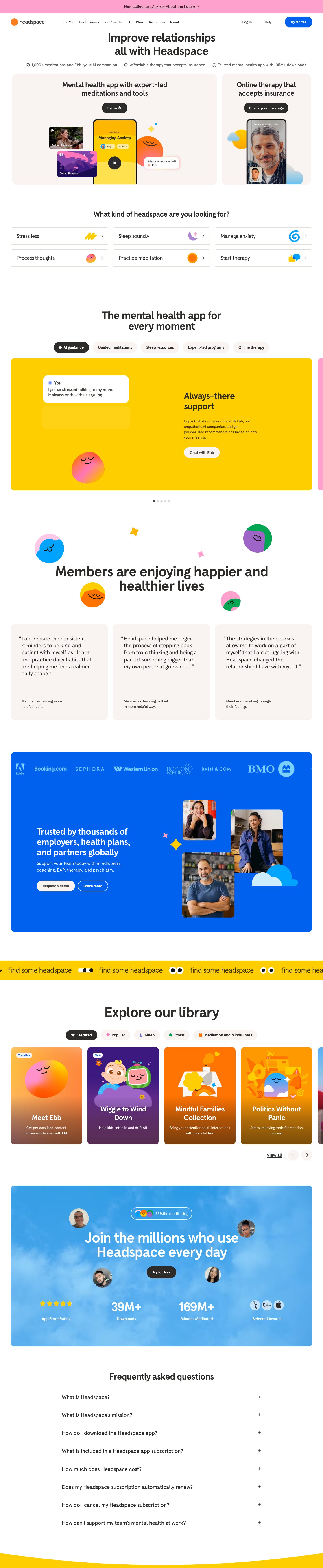 The full Headspace homepage