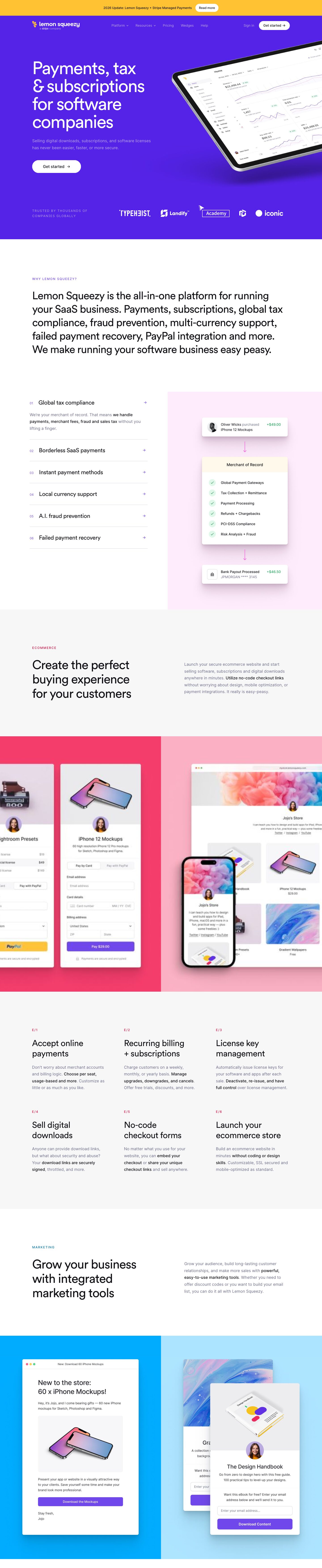 The full Lemon Squeezy homepage