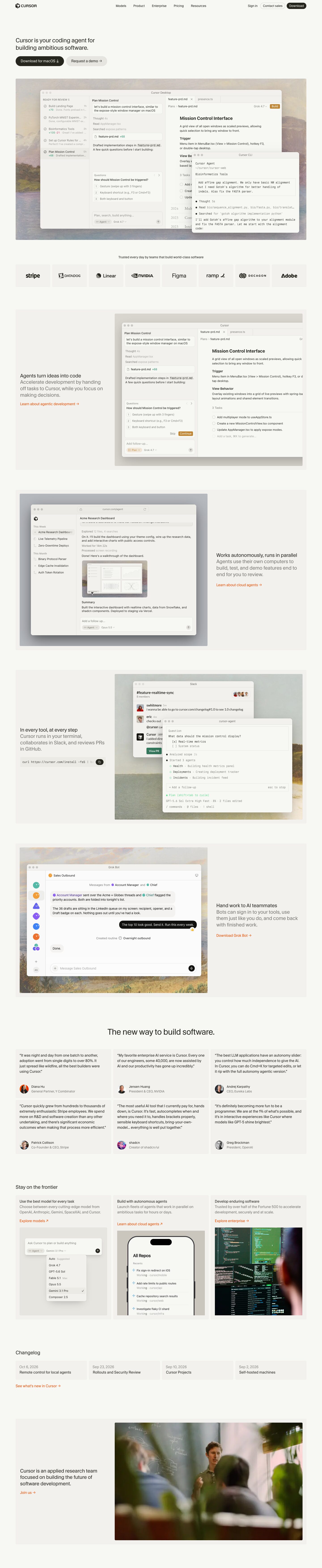 The full Cursor homepage