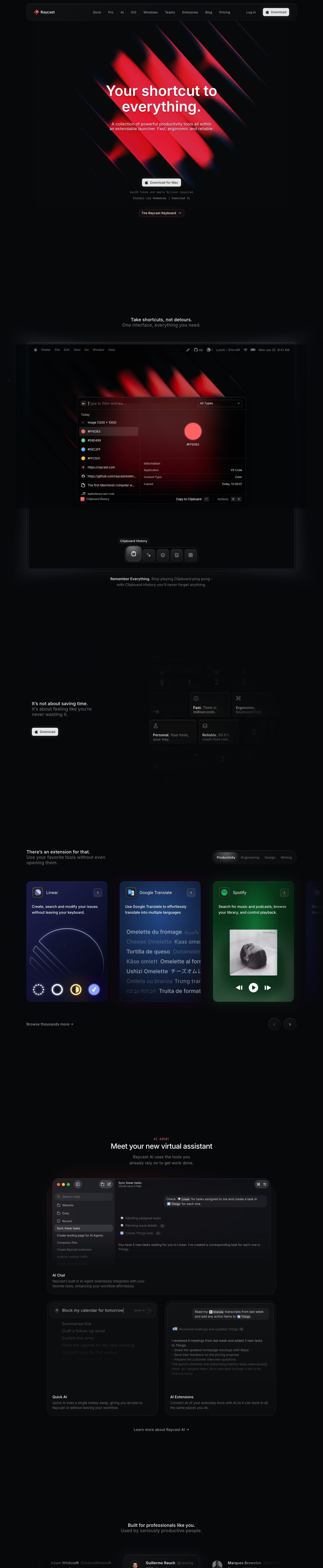 The full Raycast homepage