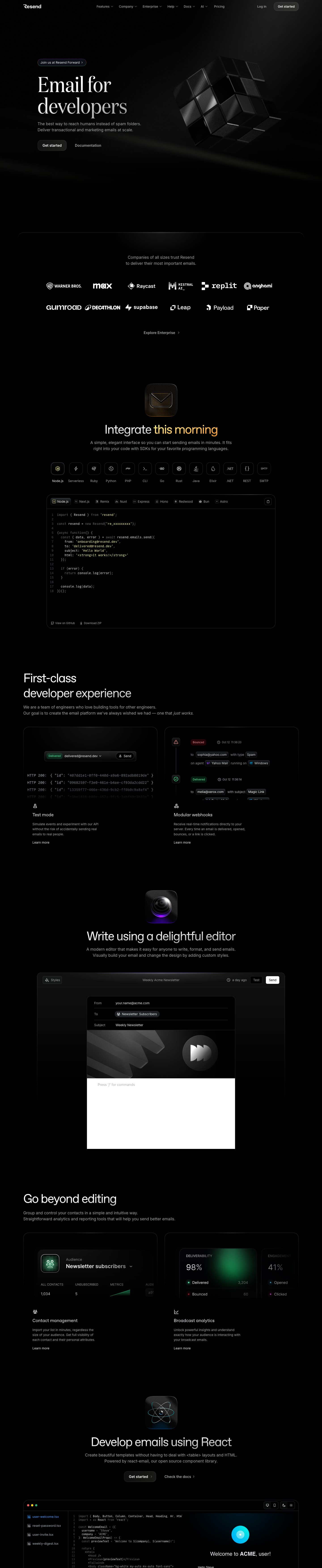 The full Resend homepage