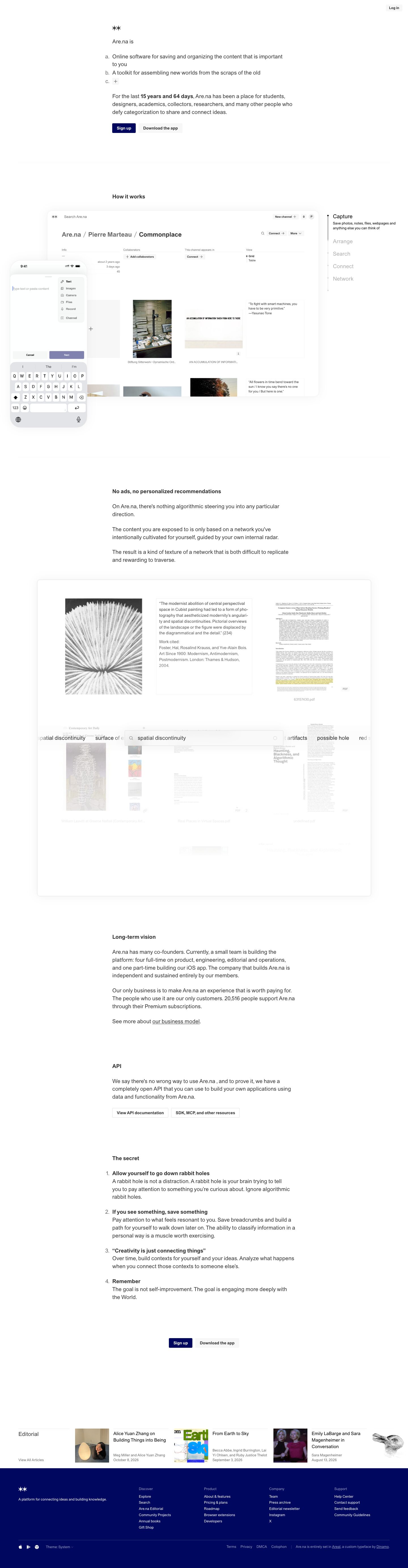 The full Are.na homepage