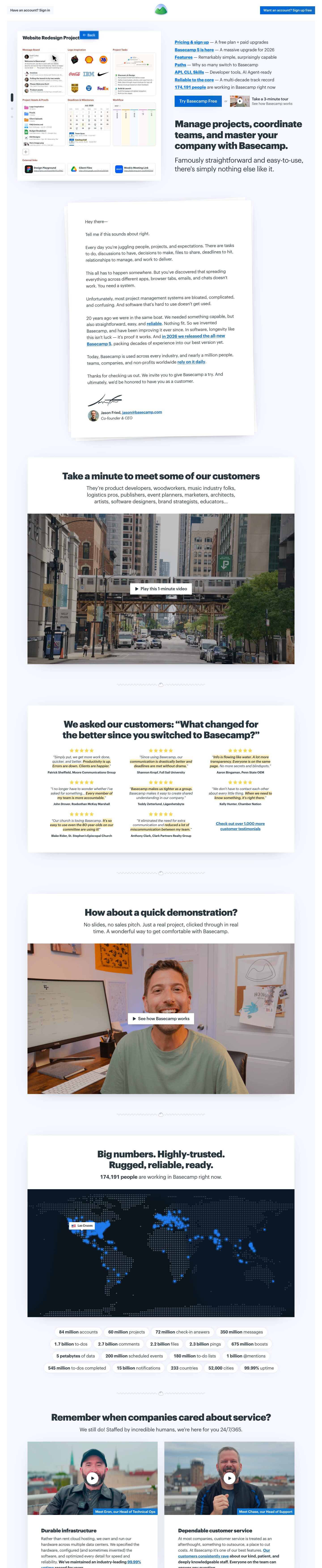The full Basecamp homepage