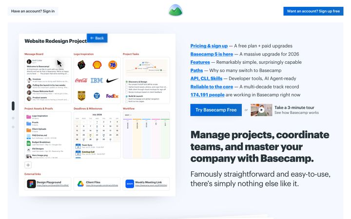 Basecamp homepage