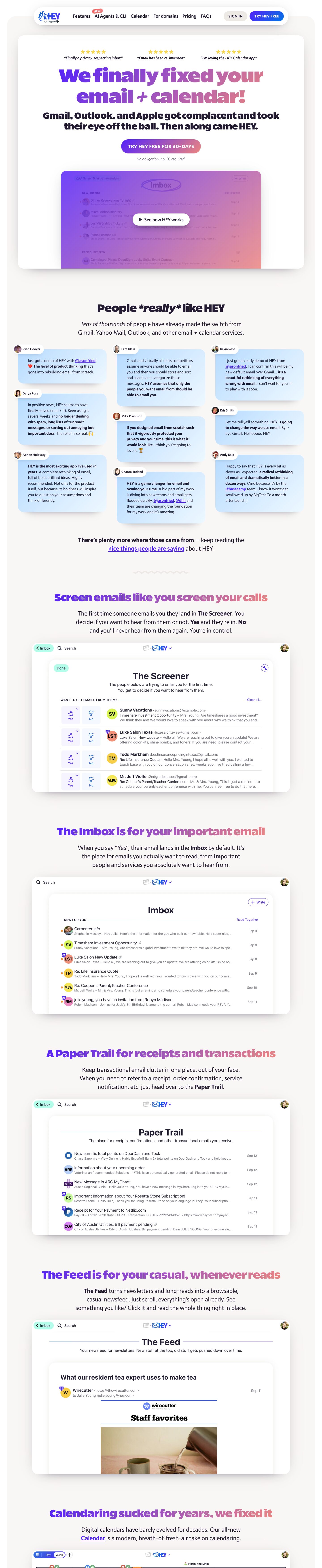 The full HEY homepage