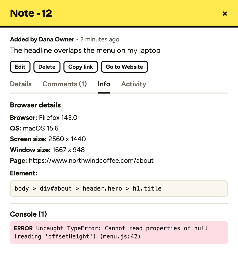 Browser details, element and console errors captured on a note